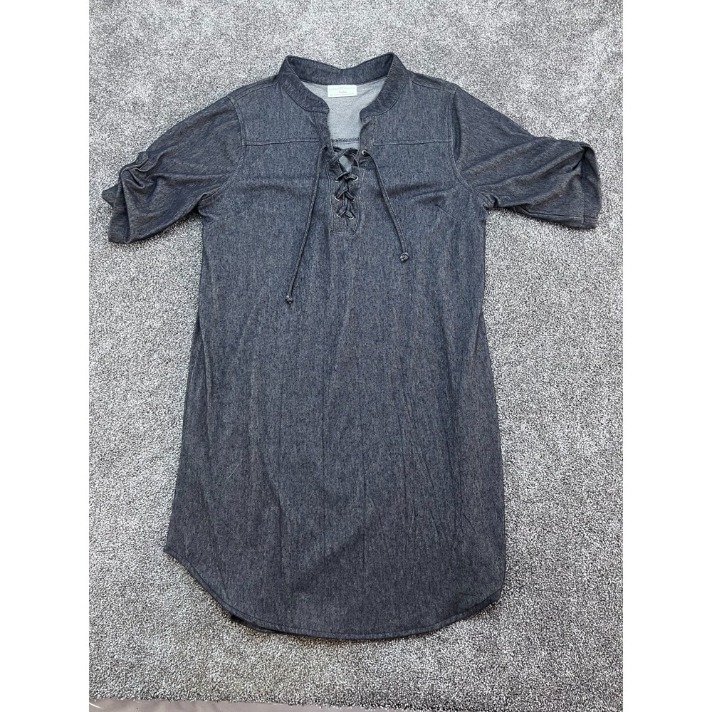 Bobbie Brooks Denim Shirt Dress Womens Medium Blue Lace Up Neck Henley